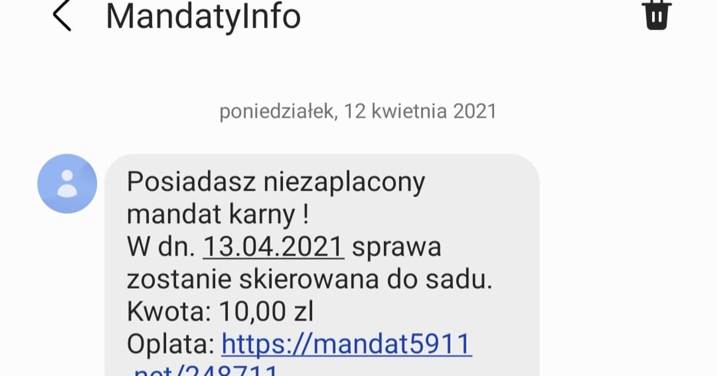 Fałszywy SMS o niezapłaconym mandacie