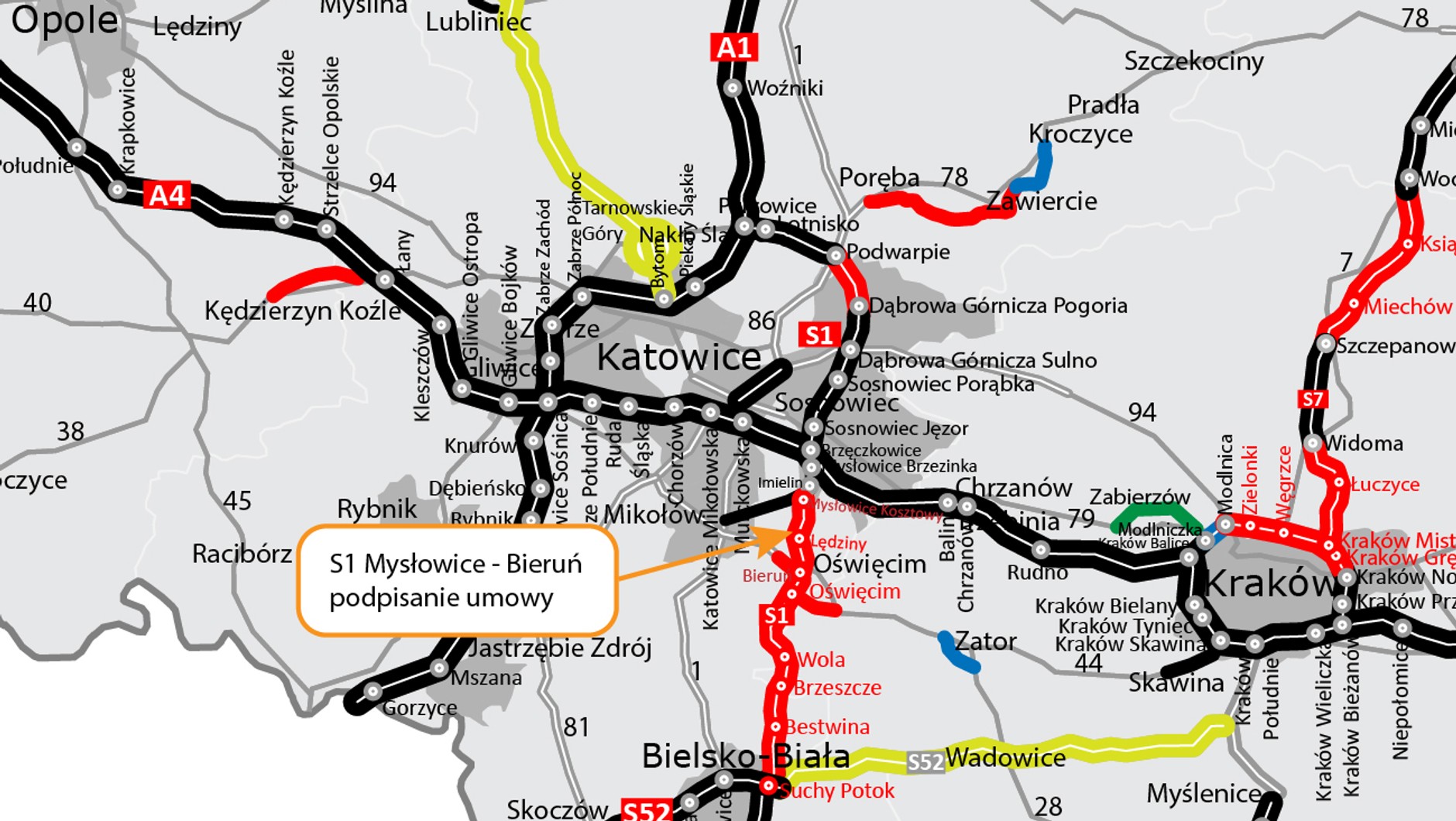 Mapa stanu budowy dróg w woj. śląskim