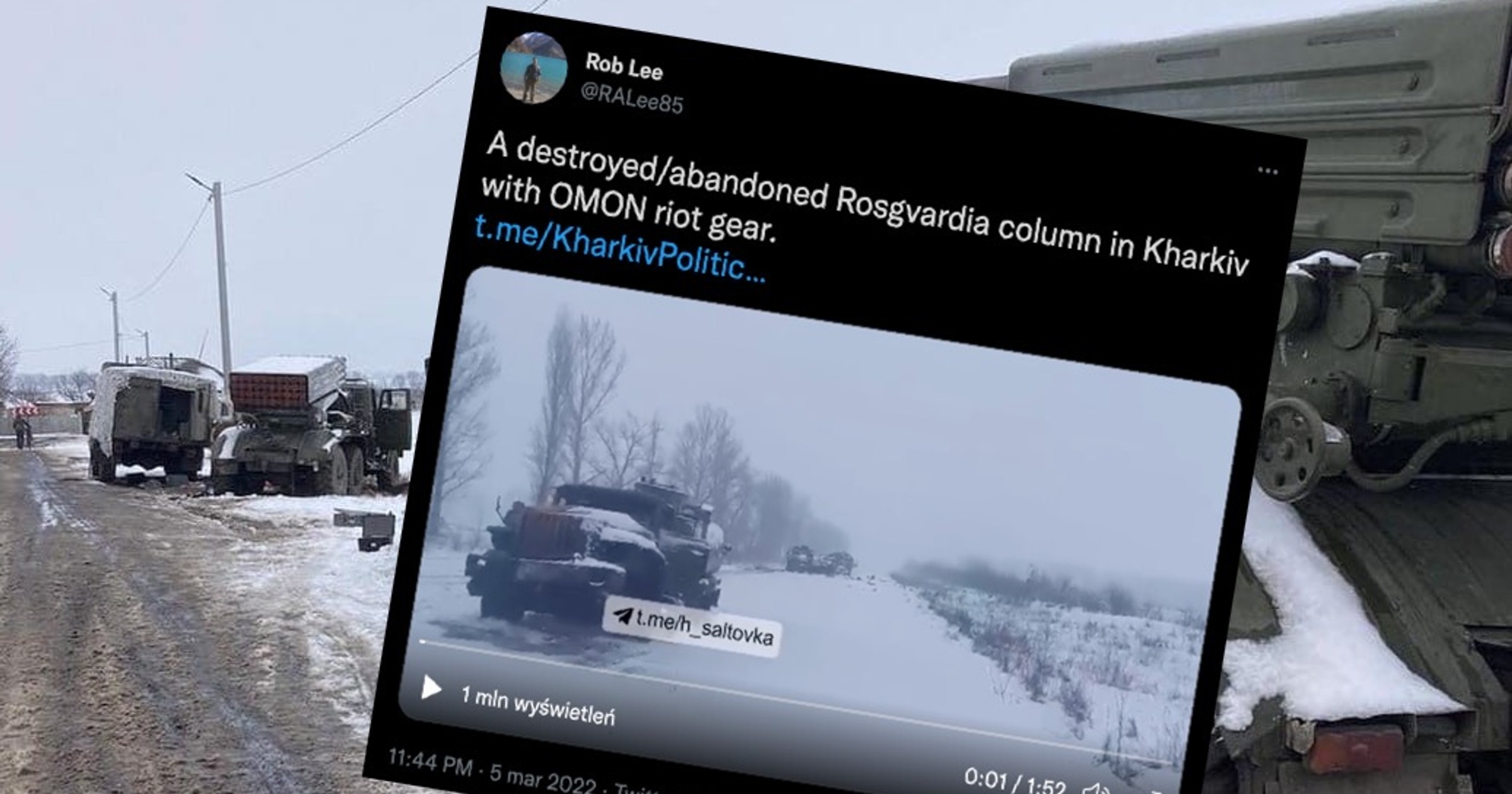 Zniszczona kolumna rosyjskich pojazdów wojskowych