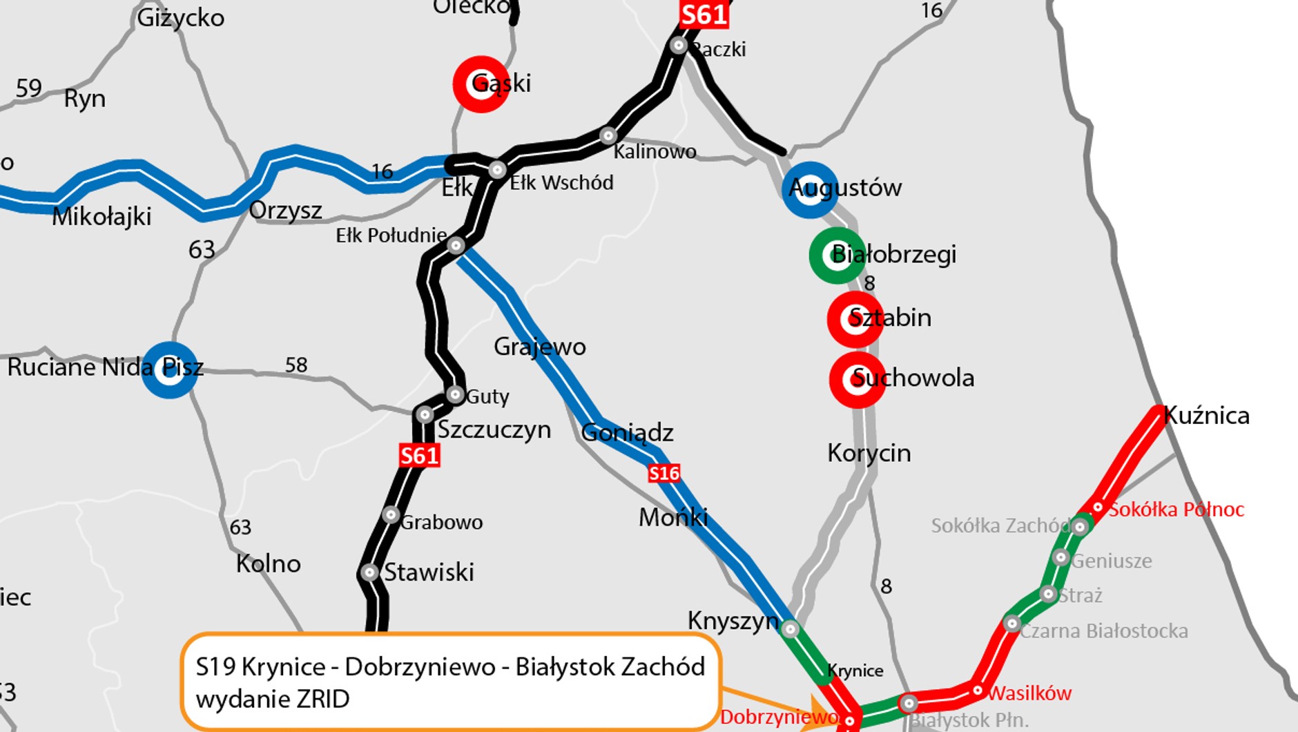 Mapa odcinka S19 Krynice - Dobrzyniewo Białystok Zachód