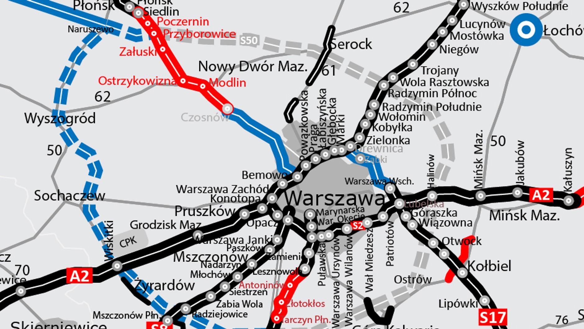 Mapka Warszawskiego Węzła Drogowego - grudzień 2022