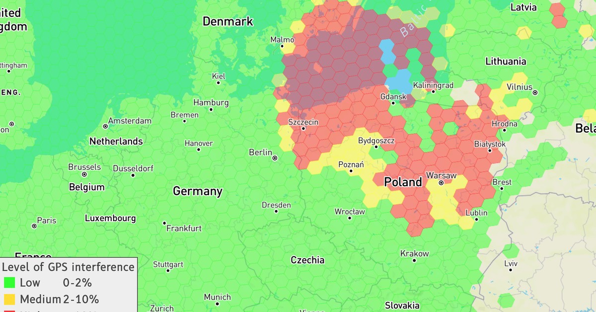Zakłócenia GPS nad Polską, fot. gpsjam.org