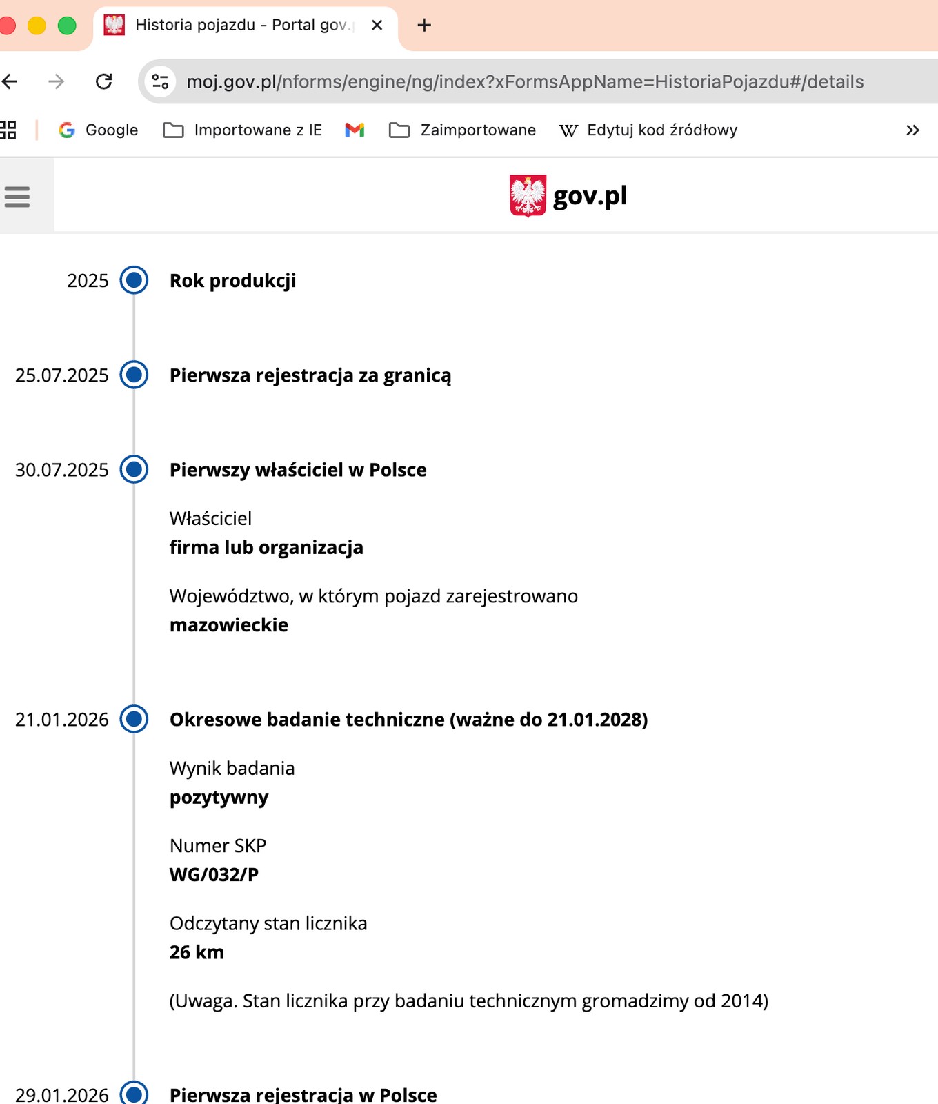 Z danych w rządowej bazie CEPiK wynika, że samochód, gdy dotarł do Polski, był bez przebiegu, choć formalnie używany