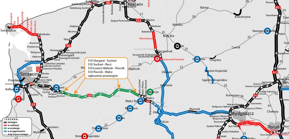 Mapa z zaznaczeniem ogłaszanych przetargów na realizację S10