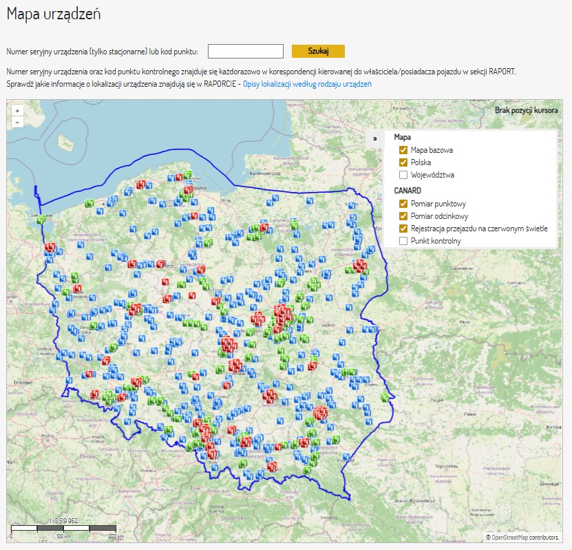 Mapa odcinkowych pomiarów prędkości i fotoradarów CANARD. Stan na 13.04.2026