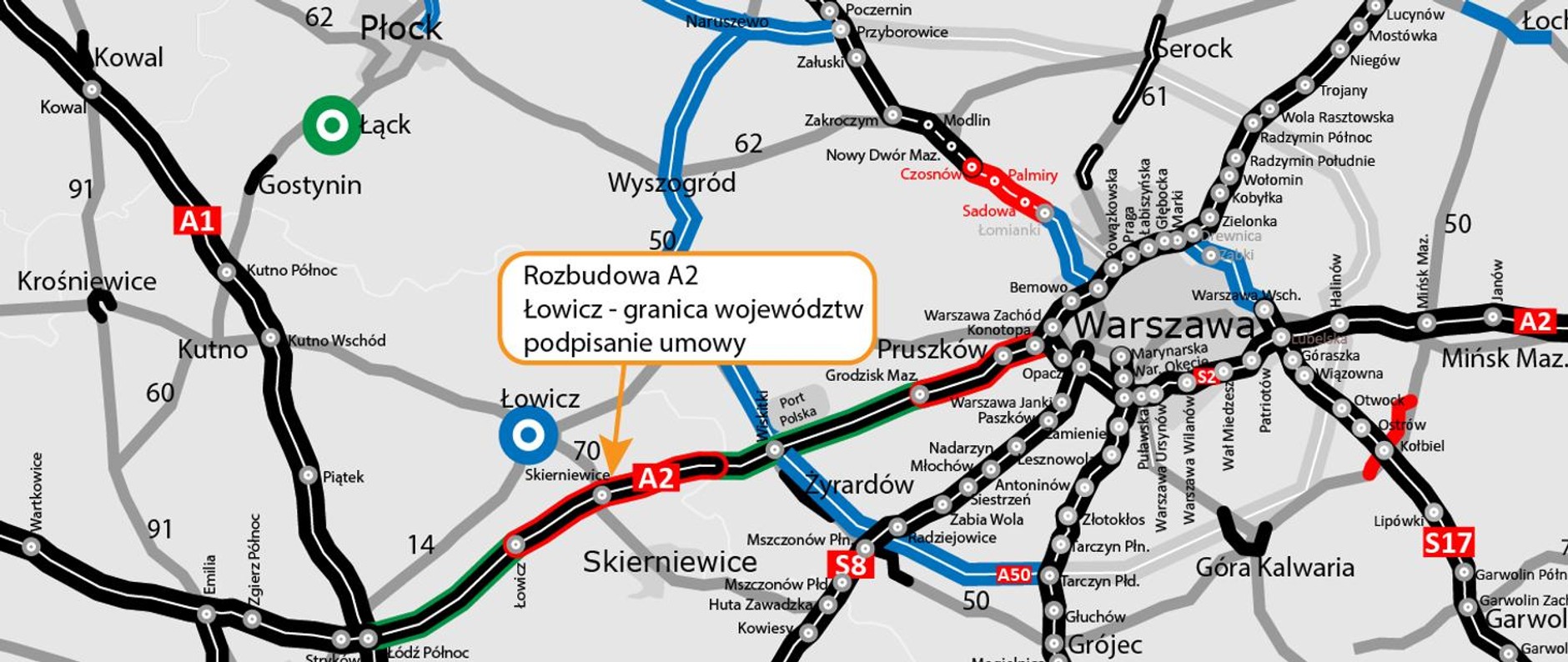 Rozbudowa autostrady A2 Łowicz — granica województw. Mapa