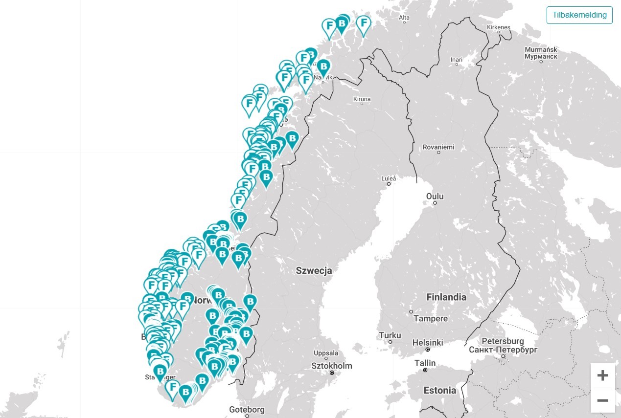Mapa z zaznaczonymi płatnymi odcinkami dróg w Norwegii