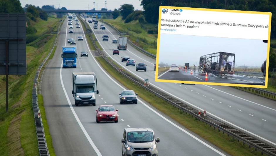 Pożar naczepy na autostradzie A2 (fot. X/TVN24)