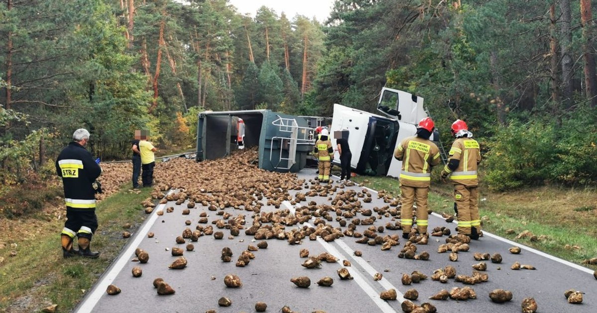  Całą jezdnię zablokował nietypowy ładunek. Wysypał się z wywróconej ciężarówki