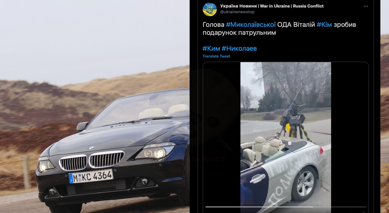 Kabriolet BMW ma z tyłu karabin maszynowy i broni Ukrainy