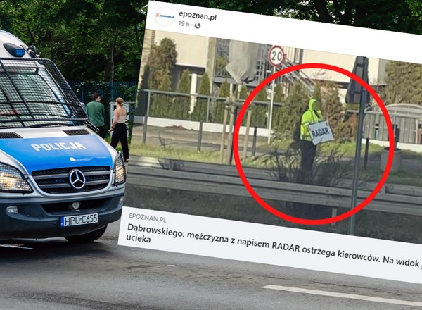 Przy drodze stoi mężczyzna z wielkim napisem. Nie polubiłby się z policją