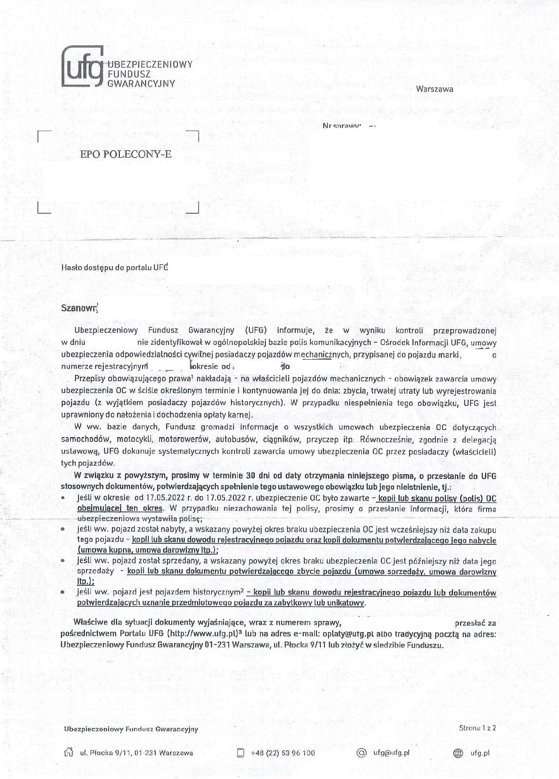 Tak wygląda wzór pisma, w którym UFG prosi o wyjaśnienie wątpliwości związanych z obowiązkowym ubezpieczeniem OC