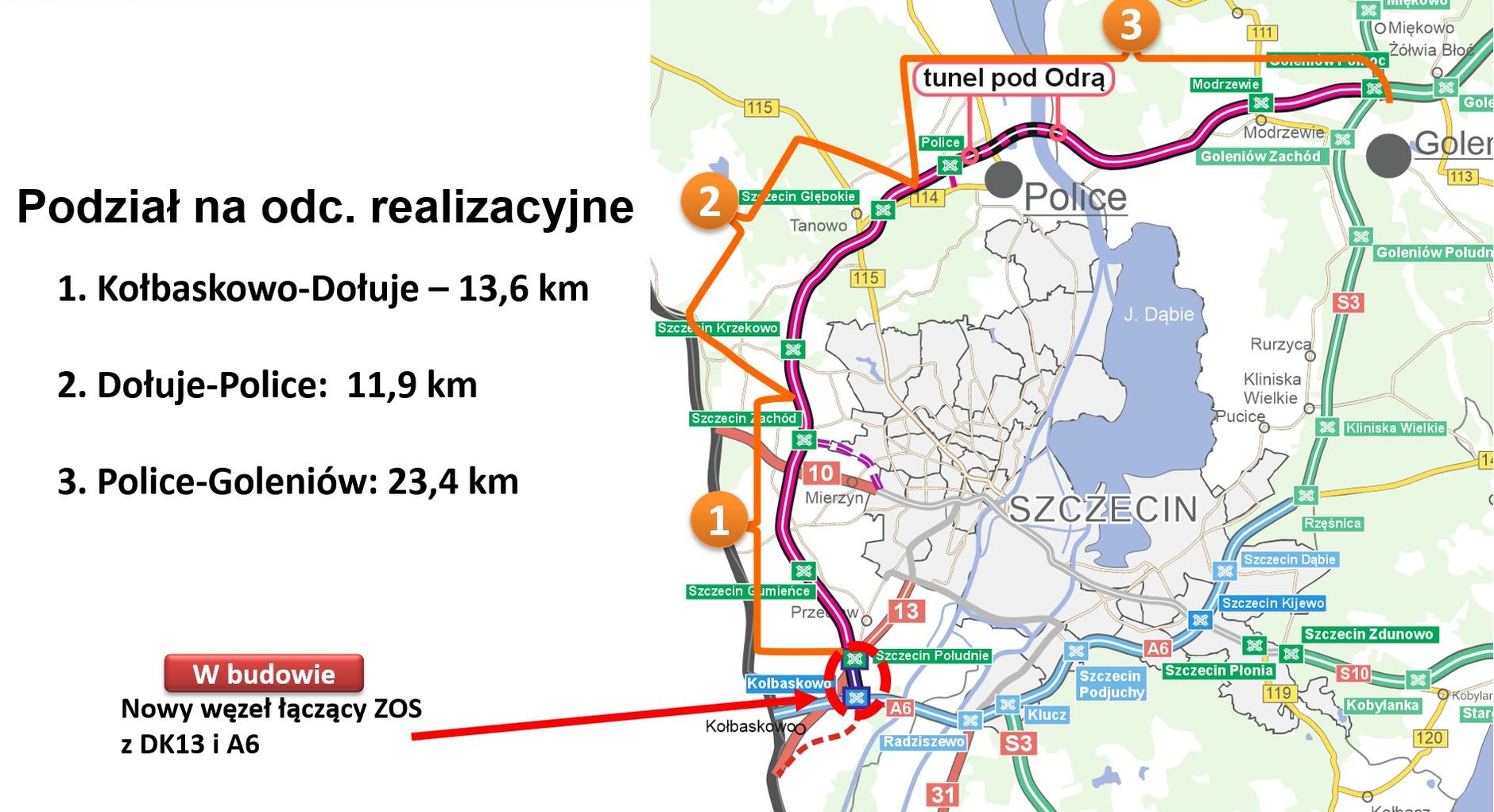 Zachodnia Obwodnica Szczecina - podział na odcinki realizacyjne
