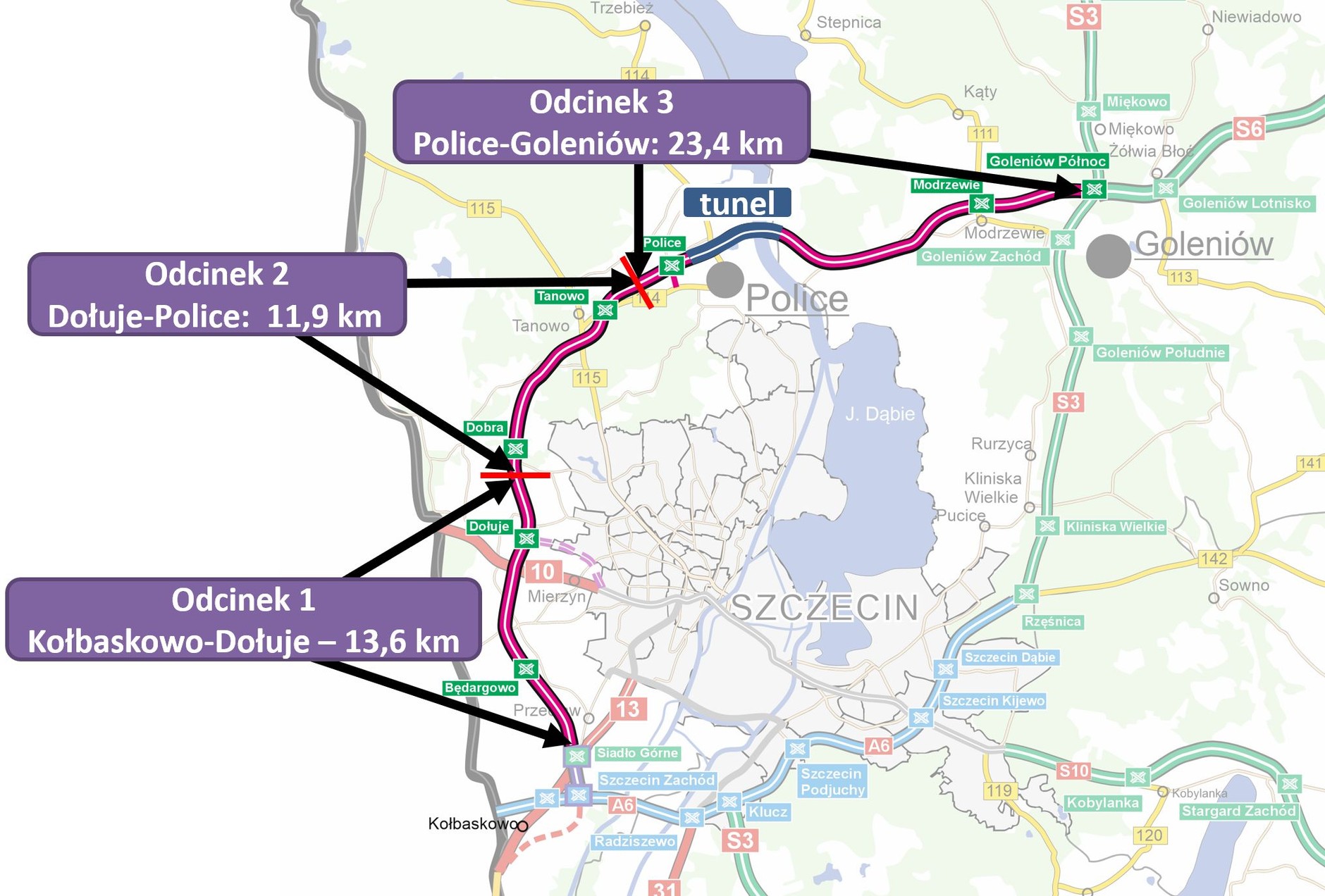 Mapa podziału na odcinki realizacyjne S6 ZOS