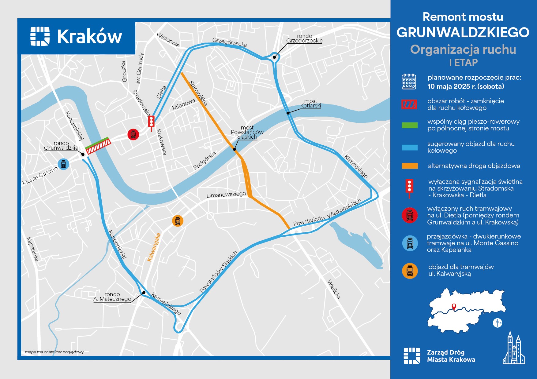 Remont Mostu Grunwaldzkiego w Krakowie - organizacja ruchu