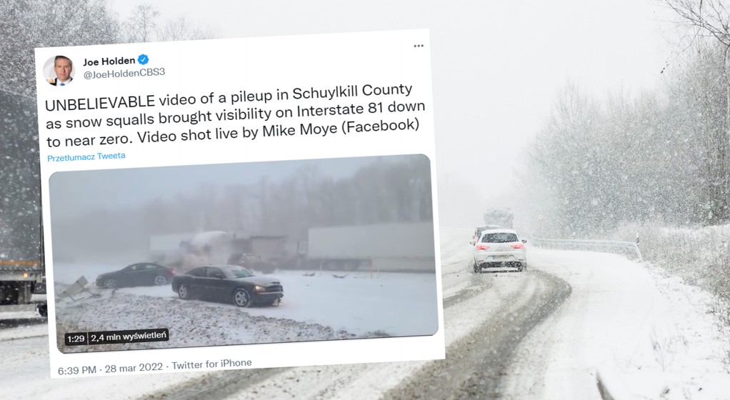 Śnieżyca spowodowała wielki karambol na drodze w stanie Pensylwania w USA [screen: Twitter.com/JoeHoldenCBS3]