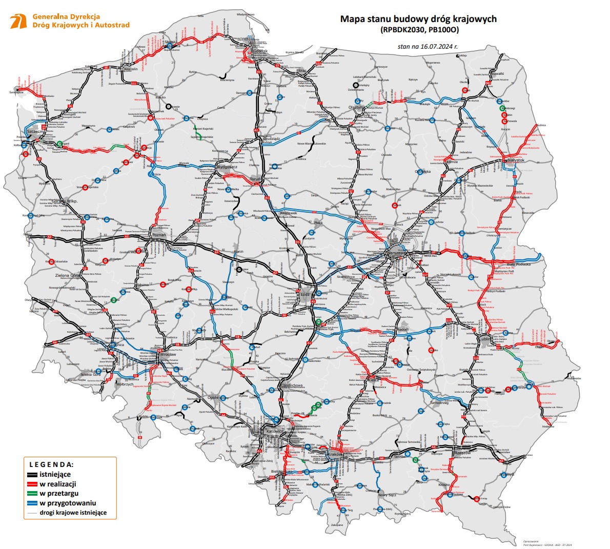 Mapa stanu budowy dróg w Polsce. Stan na 16.07.2024 r.