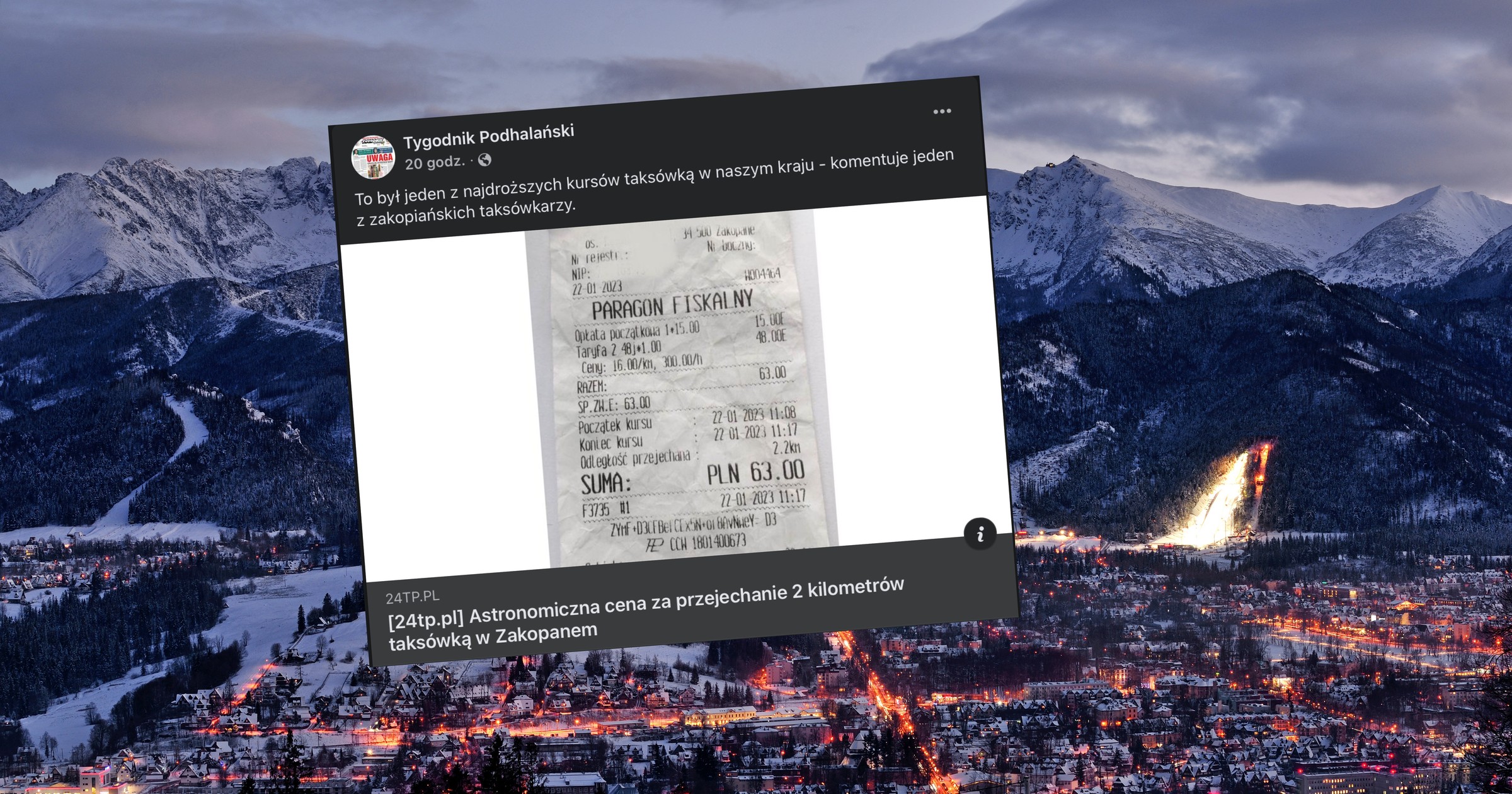 Jeden z zakopiańskich taksówkarzy,widząc paragon pokazany przez pasażera przyznał, że był to jeden z najdroższych kursów w Polsce (screen: Facebook/tygodnikpodhalanski)