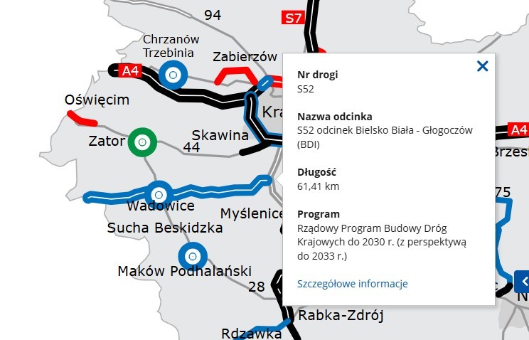 Mapa planowanej drogi S52