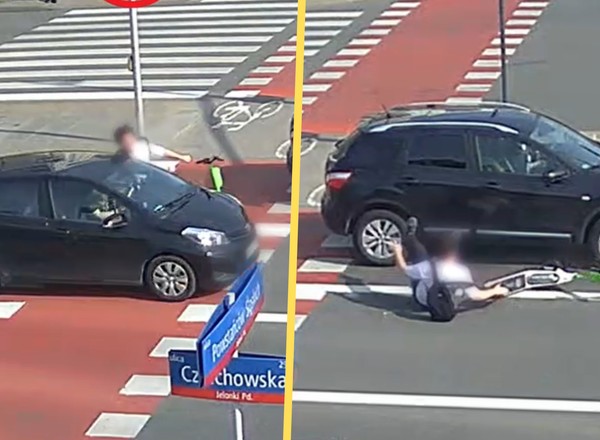 Kolizja na Bemowie. Wjechał hulajnogą prosto pod samochód [WIDEO]