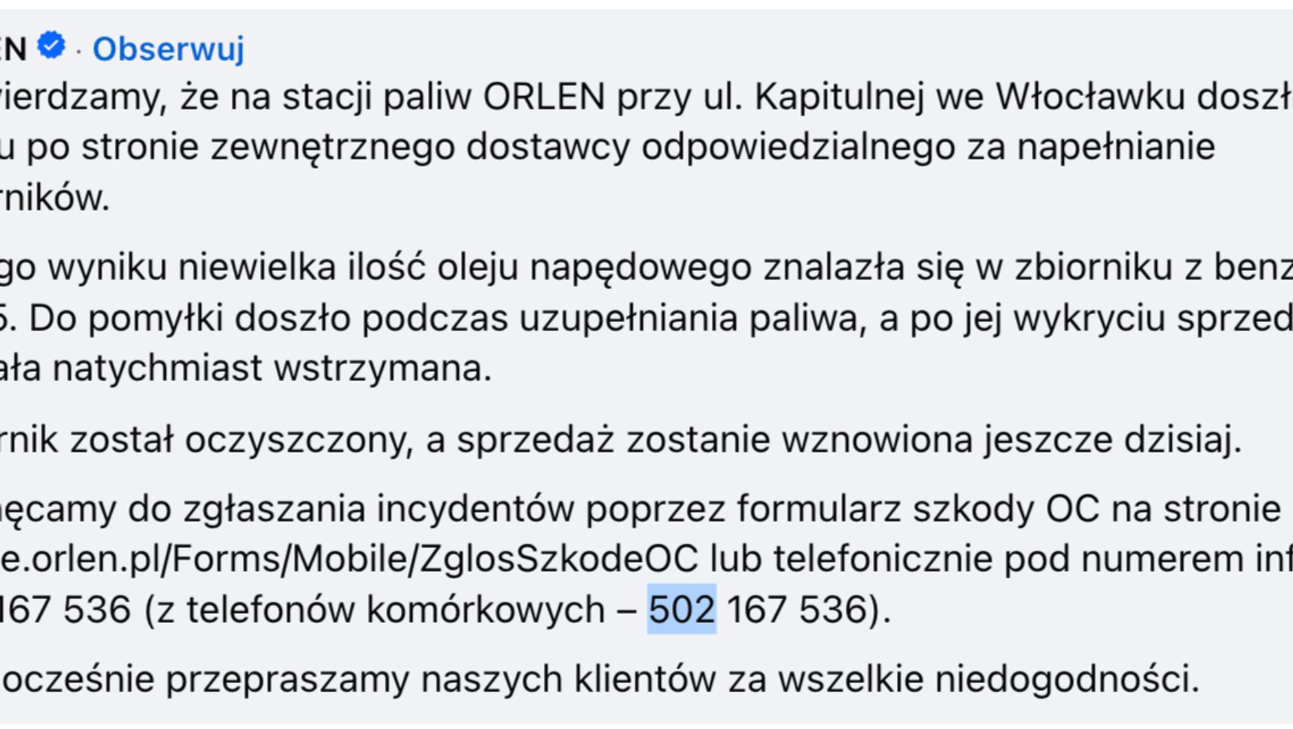 Oświadczenie Orlenu w kontekście pomyłki na stacji paliwe we Włocławku