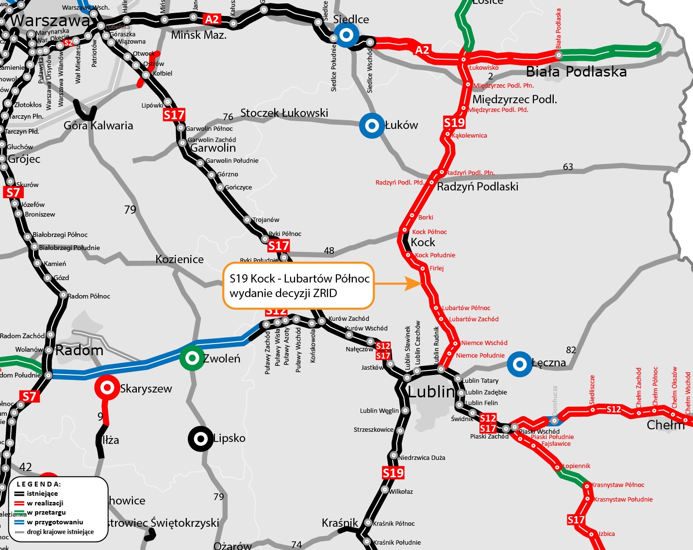 S19 Kock - Lubartów, mapa poglądowa