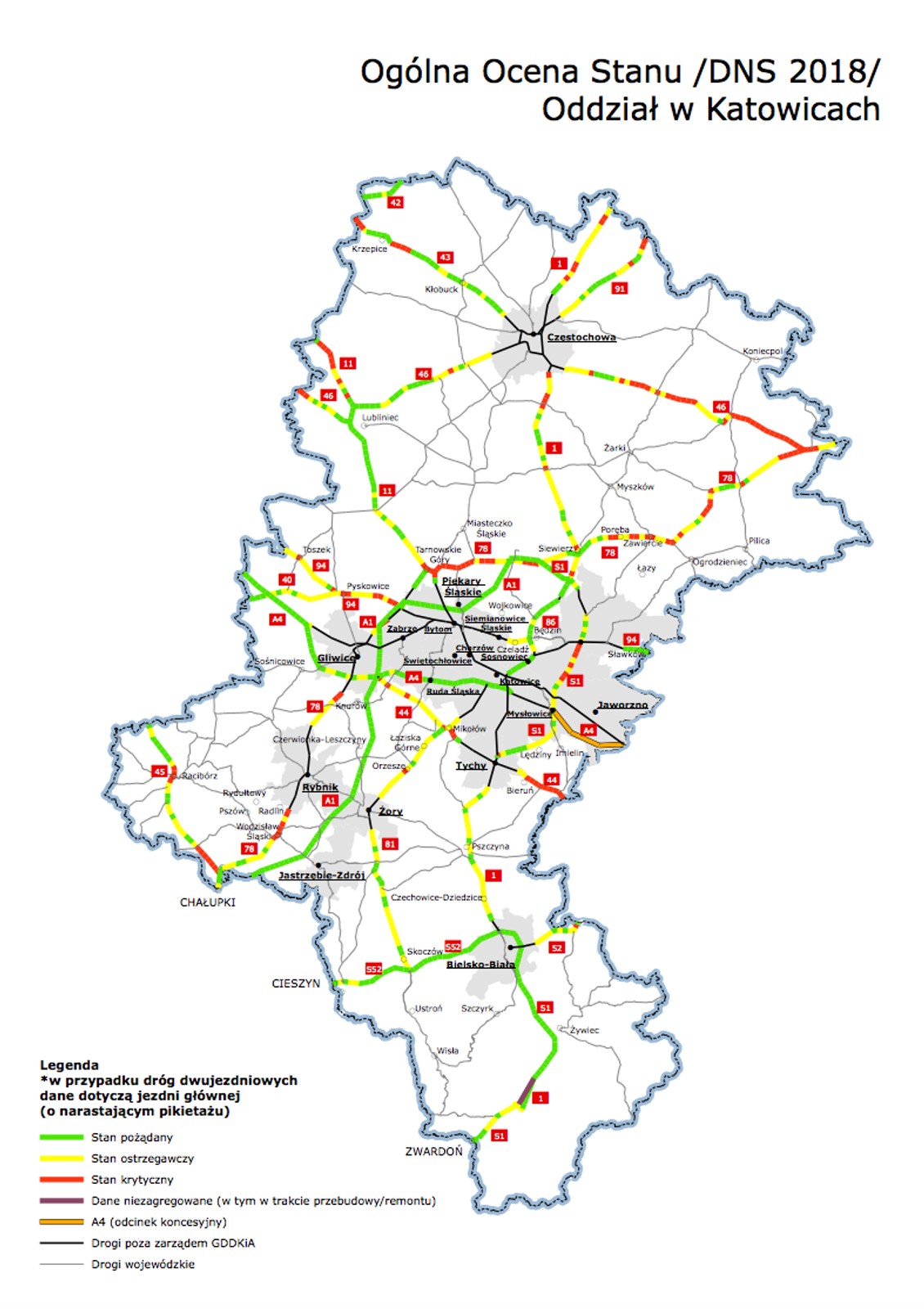 Mapy poglądowe z ogólną oceną stanu technicznego nawierzchni w poszczególnych oddziałach GDDKiA