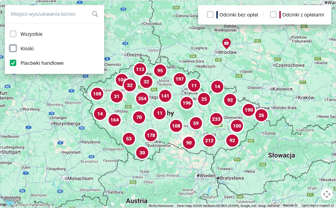 Mapa punktów sprzedaży winiet w Czechach