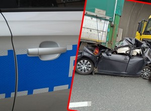Nie zachował bezpiecznej odległości. Ciężarówki niemal zgniotły auto osobowe