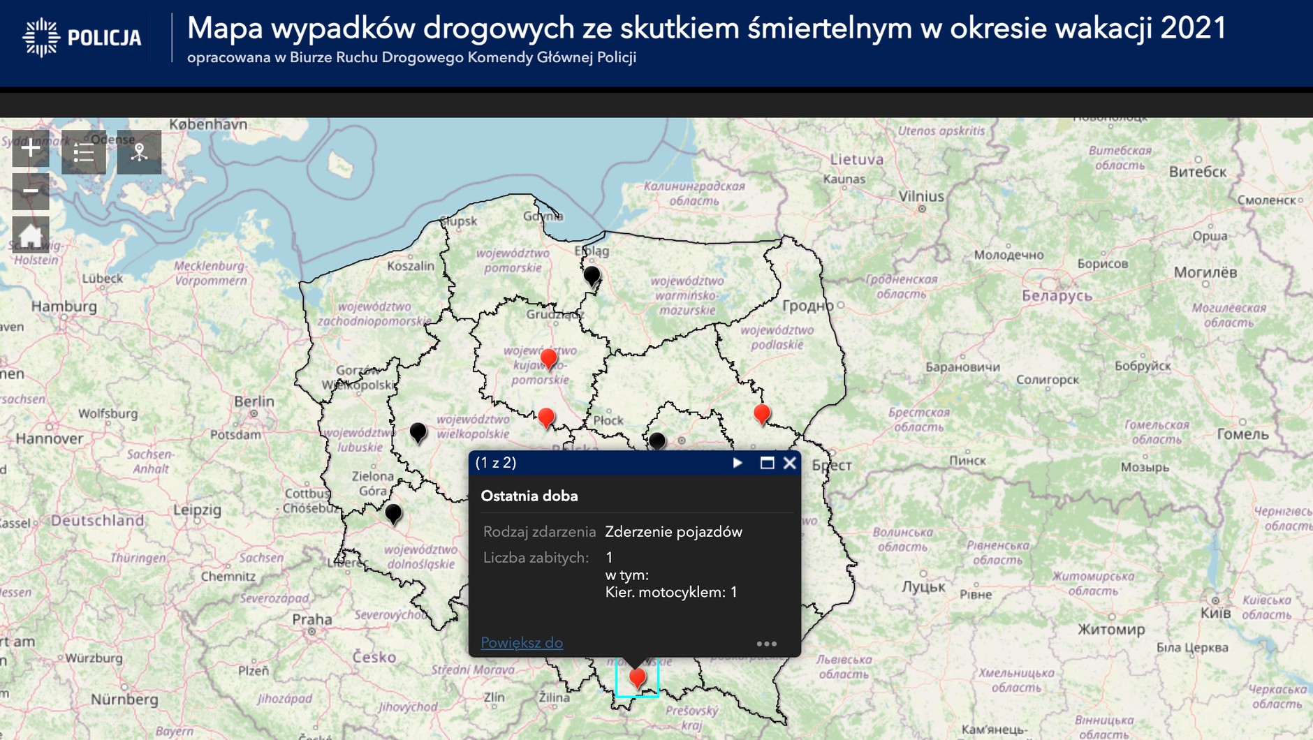 Mapa śmiertelnych wypadków – wakacje 2021