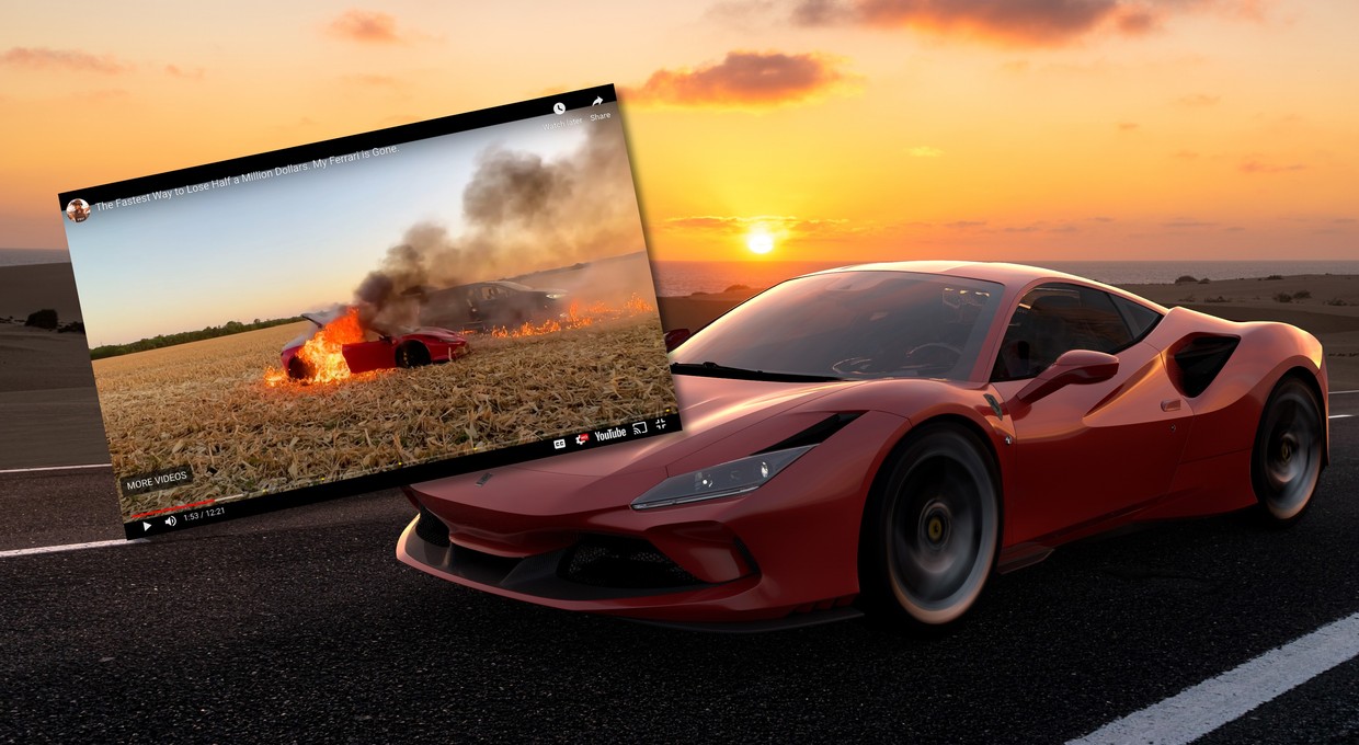 Youtuber spalił Ferrari F8 Tributo na środku pola kukurydzy. Obejrzeliśmy wideo, żebyście nie musieli