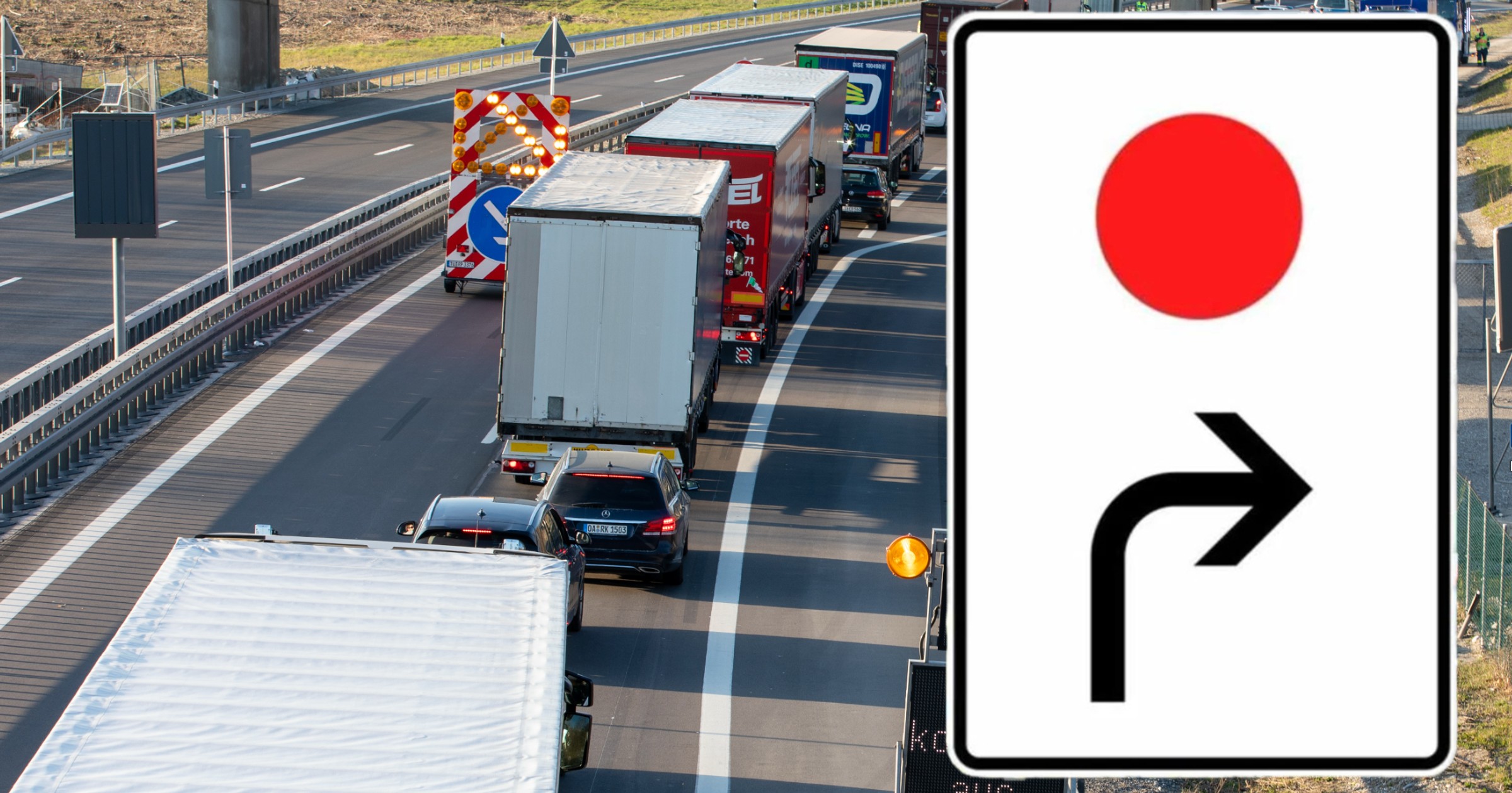 NIemiecka autostrada w Bawarii i znak z czerwoną kropką