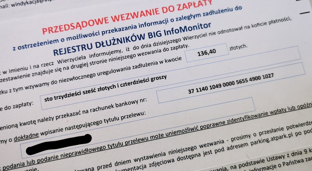Wezwanie do zapłaty za parking