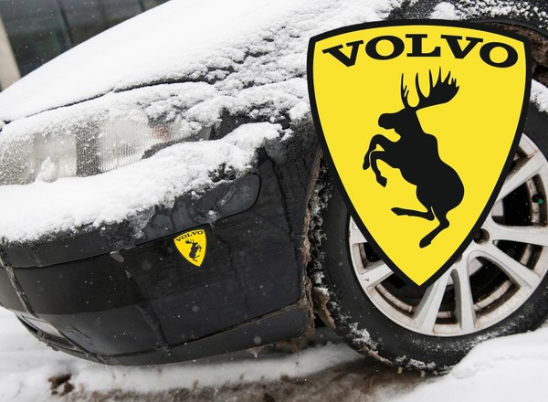 Żółta naklejka na Volvo przypomina logo Ferrari. Czy wiesz, co oznacza?