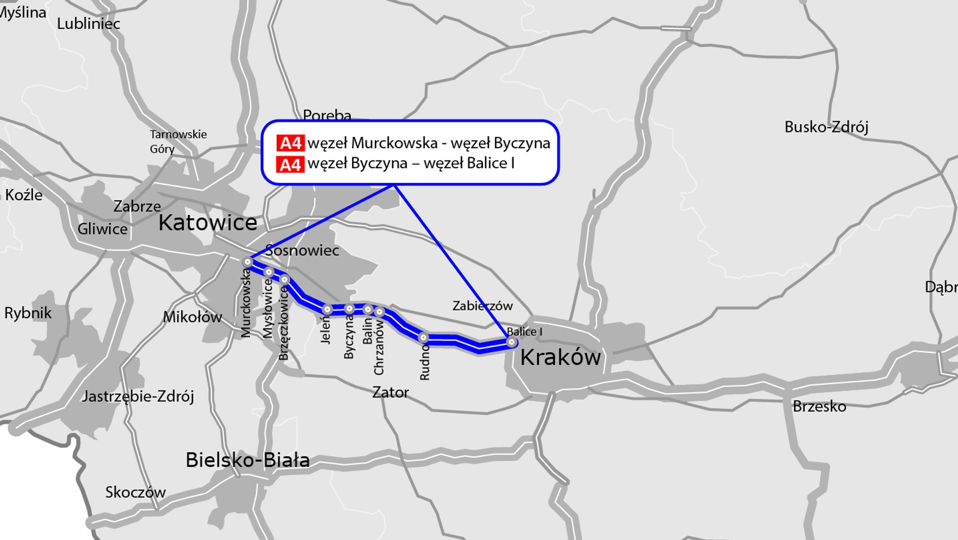 Mapa — rozbudowa autostrady A4 Murckowska — Byczyna, Byczyna — Balice I