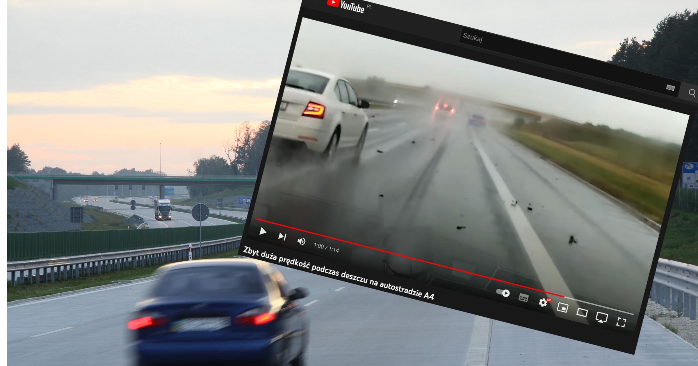 Na autostradzie A4 podczas deszczu doszło do niebezpiecznego wypadku