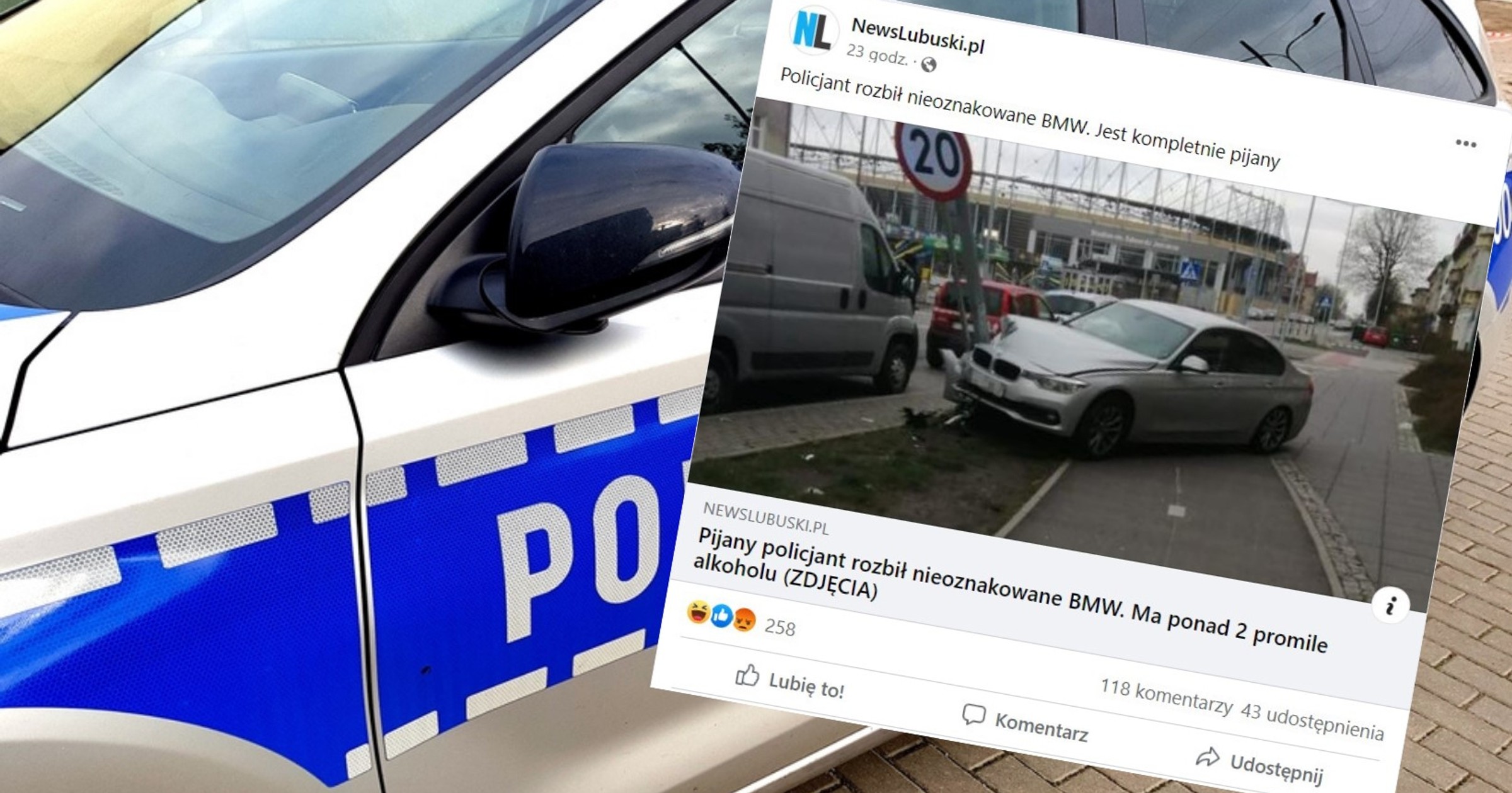 Pod wpływem alkoholu wjechał w latarnię (Fot. Facebook/@newslubuskipl)