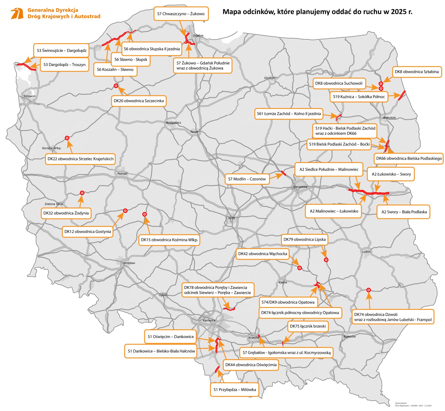 Mapa odcinków, które GDDKiA planuje oddać do ruchu w 2025 r
