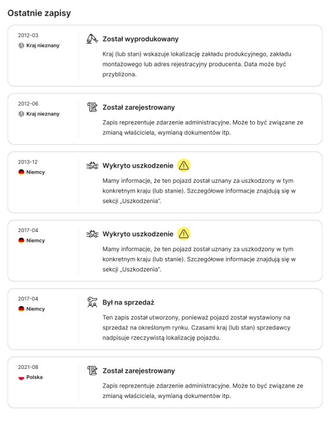 Strona z raportu historii samochodu pokazująca przeszłość samochodu