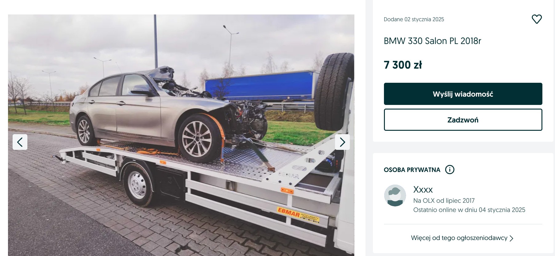 Oferta sprzedaży rozbitego BMW. Czy to wrak radiowozu?