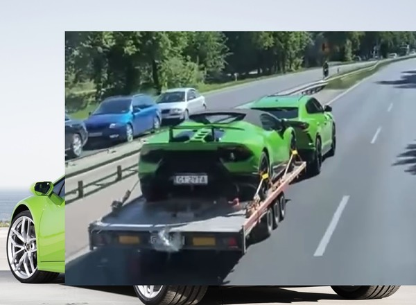 Lamborghini Urus ciągnie na lawecie Huracana. Oba w krzykliwym kolorze. Co za zestaw!
