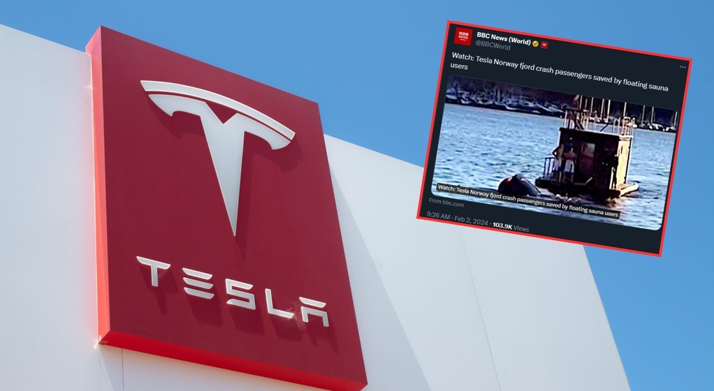 Samochód marki Tesla wpadł do fiordu w Norwegii (screen: twitter.com/BBCWorld)