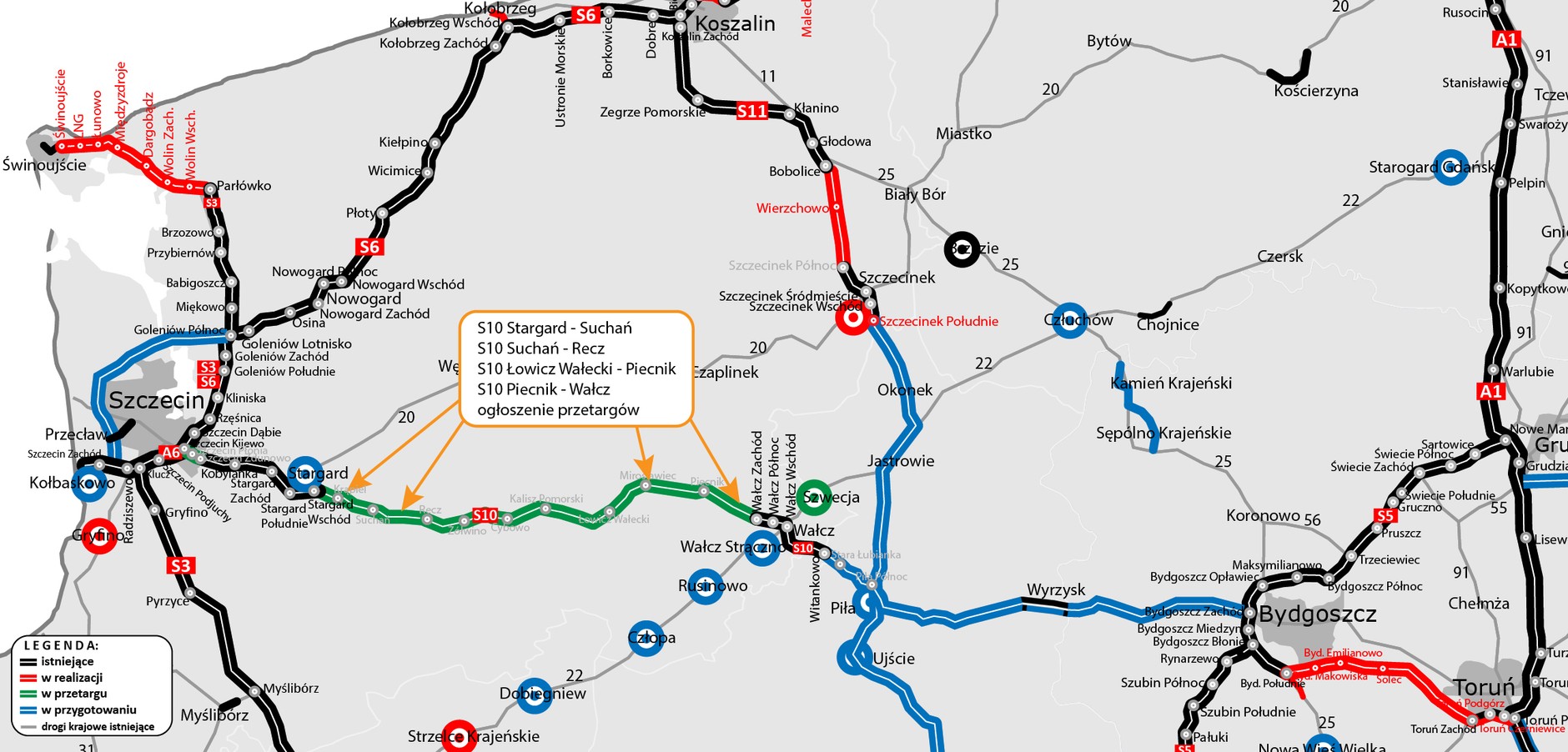 Mapa z zaznaczeniem ogłaszanych przetargów na realizację S10