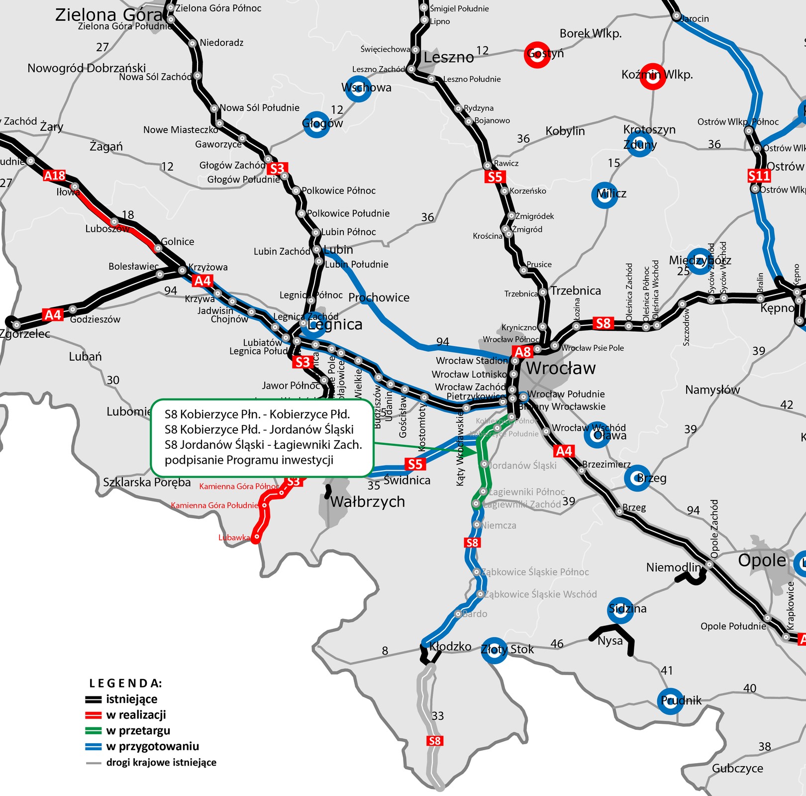 Mapa planowanej S8 Wrocław — Kłodzko — Boboszów, z zaznaczeniem odcinków Kobierzyce — Łagiewniki