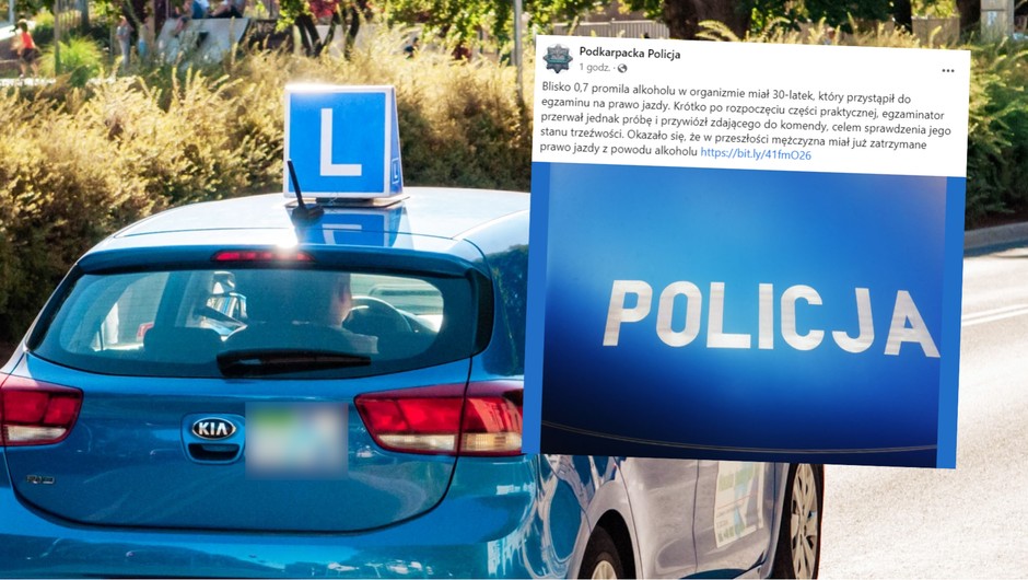 Pod wpływem alkoholu zdawał egzamin na prawo jazdy (fot. screen: facebook/@Podkarpacka Policja)