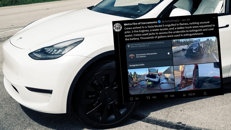 Tesla model S zaczęła płonąć (fot. screen z twitter.com/metrofirepio)