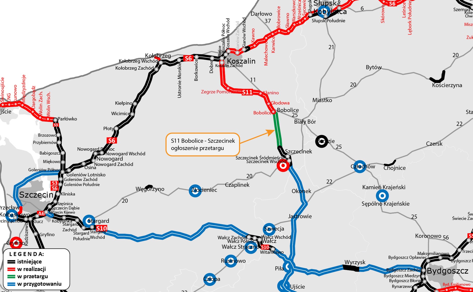 Mapa z przebiegiem drogi ekspresowej S11