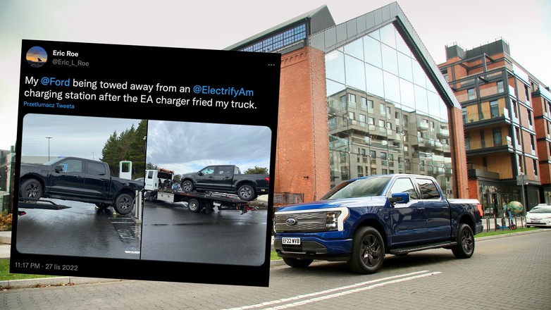 W USA jeden z użytkowanych tam elektrycznych Fordów F-150 Lightning poważnie uszkodził się podczas ładowania baterii na jednej ze stacji ładowania