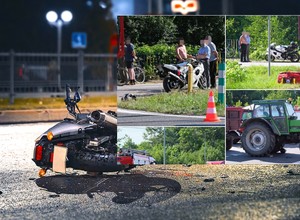Zablokowana dk 9, ciągnik rolniczy zderzył się z motocyklem