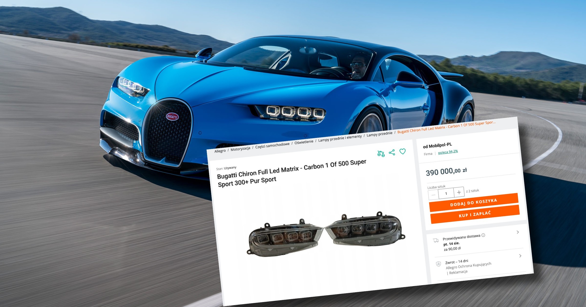 Lampy od Bugatti Chirona wystawione na sprzedaż na portalu ogłoszeniowym w Polsce